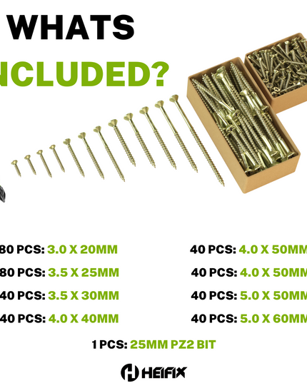 400 Piece Wood Screw Assortment Set (Eco Storage Box) - Free PZ2 Bit - Heifix