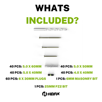 Heifix 320pcs Wall Plug and Screw Set In Eco Storage Box - FREE 6mm Masonry Drill Bit and PZ2 Bit - Assorted Sizes for Masonry and Wood, Ideal for DIY and Home Project