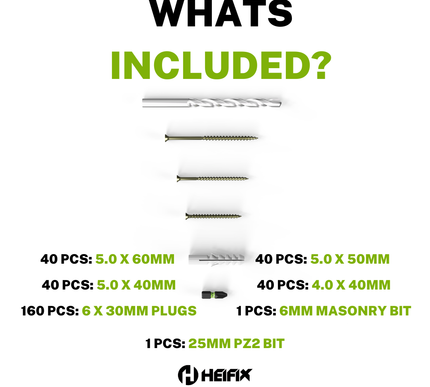 320 Piece Wall Plug & Screw Set (Eco Storage Box) – Free 6mm Masonry Drill Bit + PZ2 Bit – Heifix