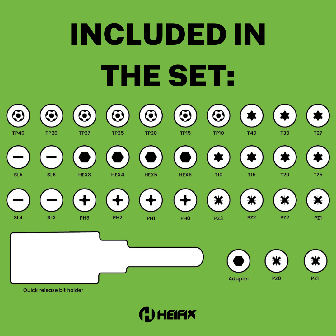 Heifix 34pcs Professional Magnetic Screwdriver Bit Set in Eco Storage Box - Quick Release Bit Holder and Adapter, with Slotted, Phillips, Pozidriv, Torx, Tamper-Proof Torx, and Hex Bits