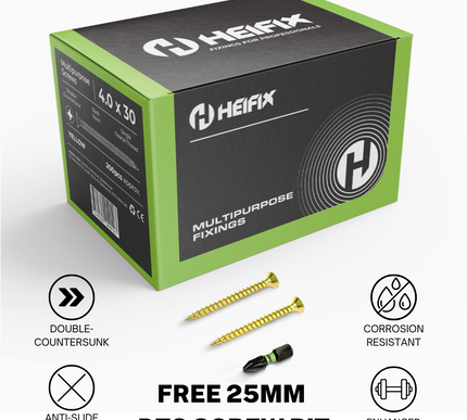 Multipurpose Wood Screws (Pozi, Double Countersunk) – Free Screw Bit Included – Heifix