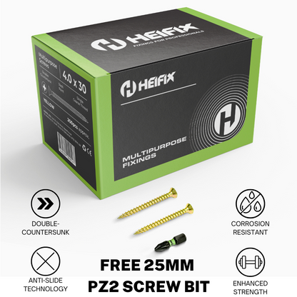 Heifix Multi-Purpose Wood Screws Pozi Double Countersunk - FREE Screw Bit Included