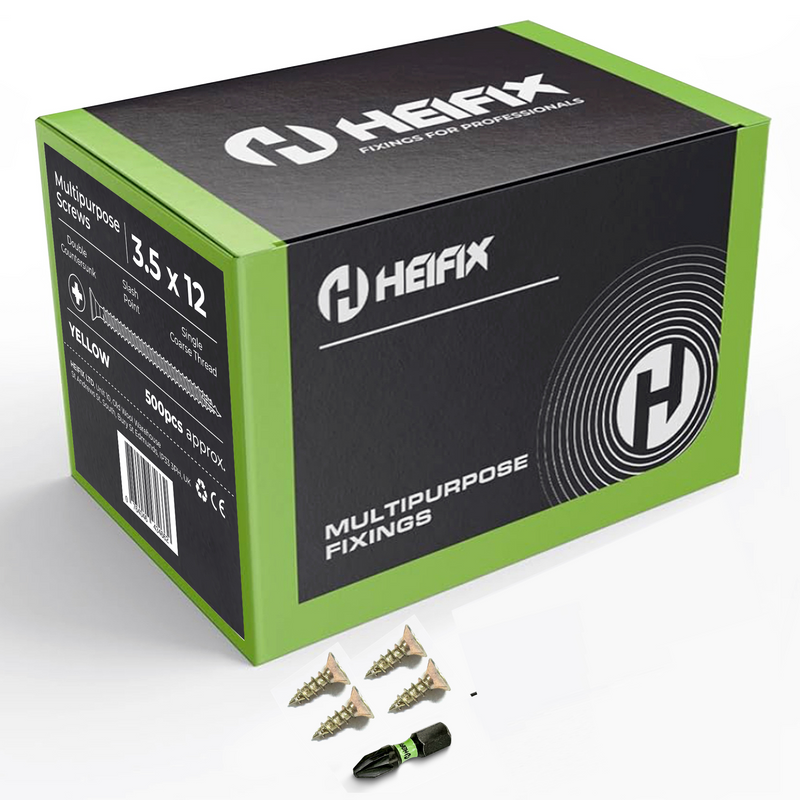 Multipurpose Wood Screws (Pozi, Double Countersunk) – Free Screw Bit Included – Heifix – 1000 / 3.5 x 12mm