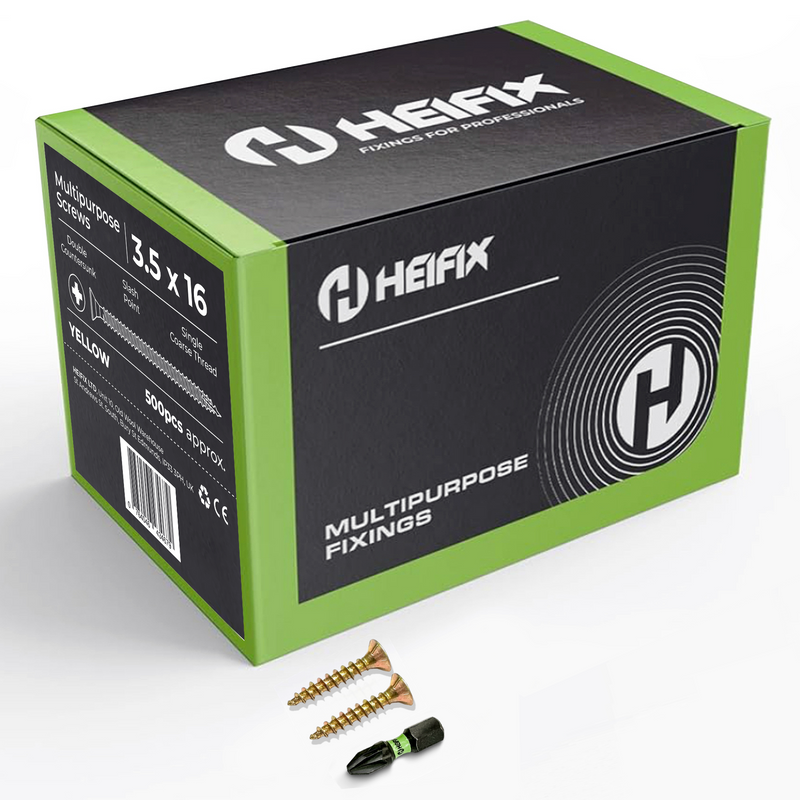 Multipurpose Wood Screws (Pozi, Double Countersunk) – Free Screw Bit Included – Heifix – 1000 / 3.5 x 16mm