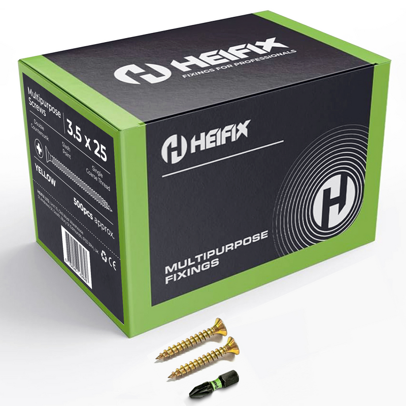 Multipurpose Wood Screws (Pozi, Double Countersunk) – Free Screw Bit Included – Heifix – 1000 / 3.5 x 25mm