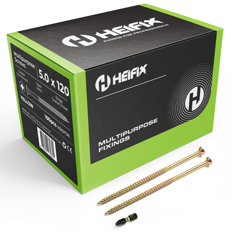 Multipurpose Wood Screws (Pozi, Double Countersunk) – Free Screw Bit Included – Heifix – 1000 / 5.0 x 120mm