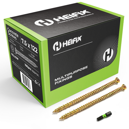Heifix Carbon Steel Zinc-Plated Concrete Screws - FREE T30 Torx Bit Included - Flat Countersunk Head with Locking Ribs, Deep High/Low Thread for Maximum Hold