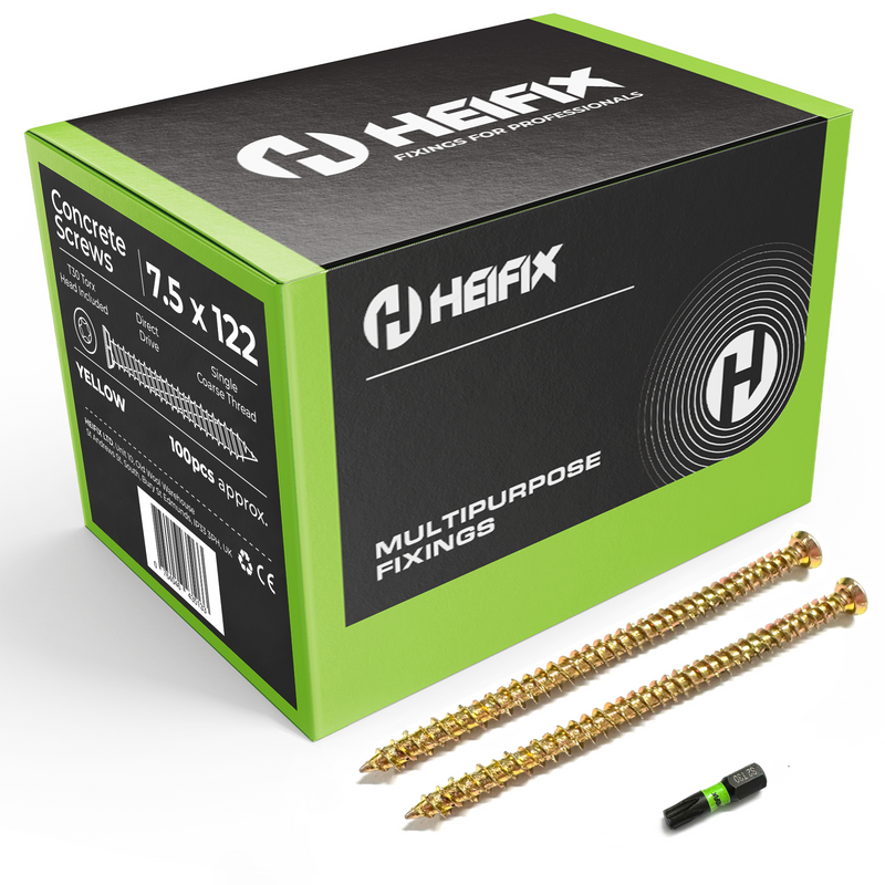 Concrete Screws (Carbon Steel, Zinc Plated) – Free T30 Torx Bit Included – Heifix – 100 / 7.5mm x 122mm