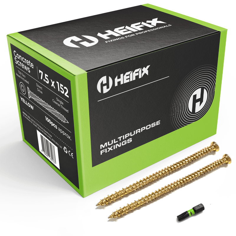 Concrete Screws (Carbon Steel, Zinc Plated) – Free T30 Torx Bit Included – Heifix – 100 / 7.5mm x 152mm