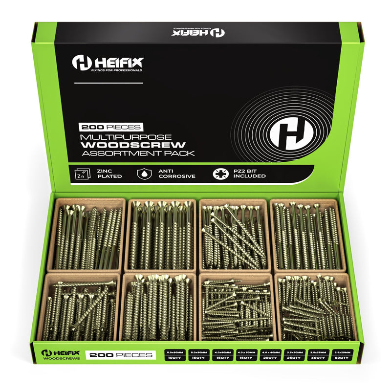 200 Piece Wood Screw Assortment Set (Eco Storage Box) – Free PZ2 Bit – Heifix – Default Title