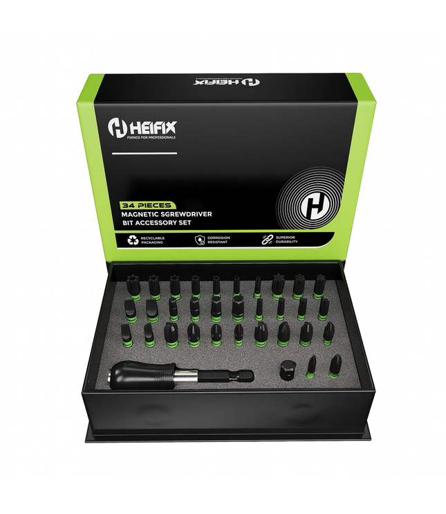 Heifix 34pcs Professional Magnetic Screwdriver Bit Set in Eco Storage Box - Quick Release Bit Holder and Adapter, with Slotted, Phillips, Pozidriv, Torx, Tamper-Proof Torx, and Hex Bits