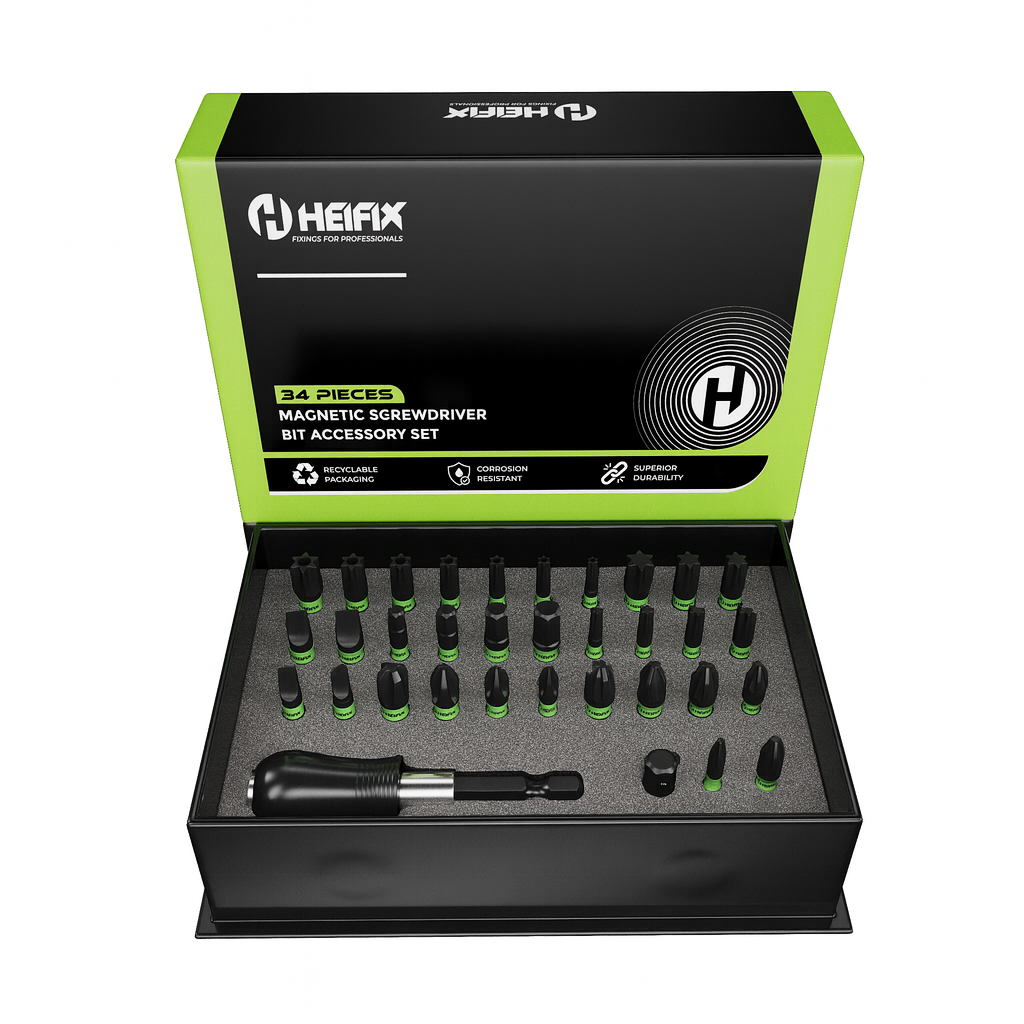 Heifix 34pcs Professional Magnetic Screwdriver Bit Set in Eco Storage Box - Quick Release Bit Holder and Adapter, with Slotted, Phillips, Pozidriv, Torx, Tamper-Proof Torx, and Hex Bits