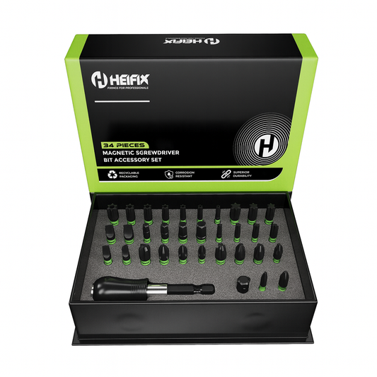 Heifix 34pcs Professional Magnetic Screwdriver Bit Set in Eco Storage Box - Quick Release Bit Holder and Adapter, with Slotted, Phillips, Pozidriv, Torx, Tamper-Proof Torx, and Hex Bits
