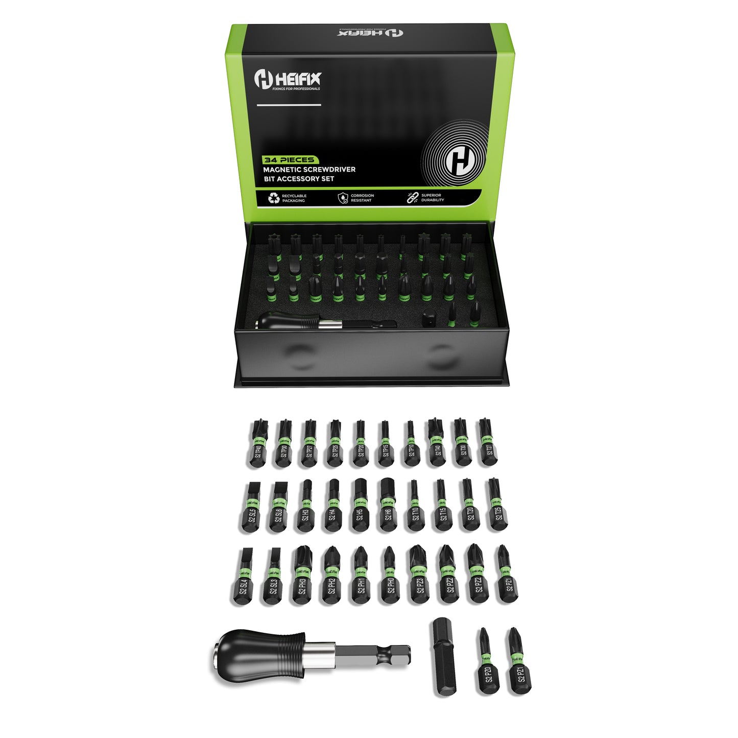 Heifix 34pcs Professional Magnetic Screwdriver Bit Set in Eco Storage Box - Quick Release Bit Holder and Adapter, with Slotted, Phillips, Pozidriv, Torx, Tamper-Proof Torx, and Hex Bits