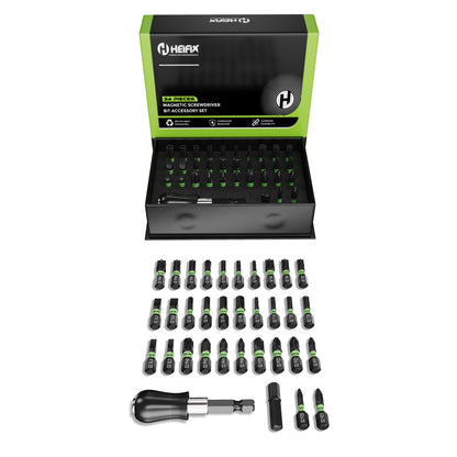 Heifix 34pcs Professional Magnetic Screwdriver Bit Set in Eco Storage Box - Quick Release Bit Holder and Adapter, with Slotted, Phillips, Pozidriv, Torx, Tamper-Proof Torx, and Hex Bits