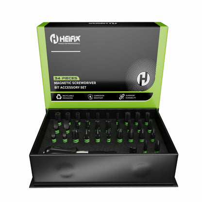 Heifix 34pcs Professional Magnetic Screwdriver Bit Set in Eco Storage Box - Quick Release Bit Holder and Adapter, with Slotted, Phillips, Pozidriv, Torx, Tamper-Proof Torx, and Hex Bits