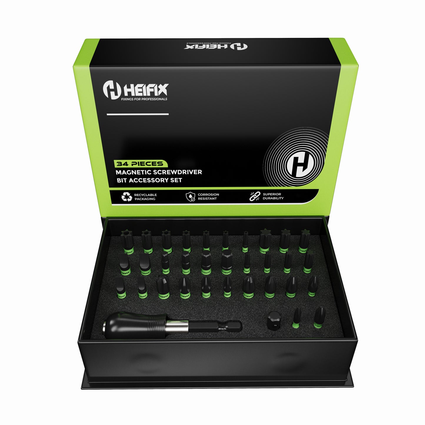 Heifix 34pcs Professional Magnetic Screwdriver Bit Set in Eco Storage Box - Quick Release Bit Holder and Adapter, with Slotted, Phillips, Pozidriv, Torx, Tamper-Proof Torx, and Hex Bits