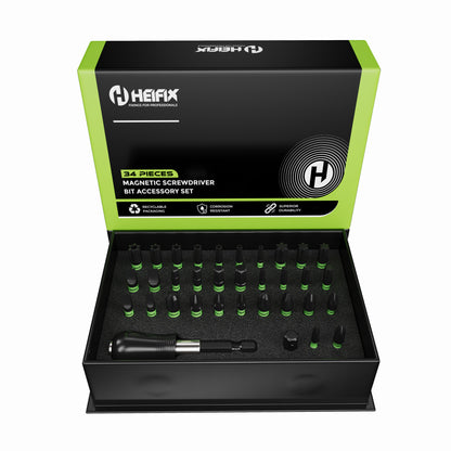 Heifix 34pcs Professional Magnetic Screwdriver Bit Set in Eco Storage Box - Quick Release Bit Holder and Adapter, with Slotted, Phillips, Pozidriv, Torx, Tamper-Proof Torx, and Hex Bits