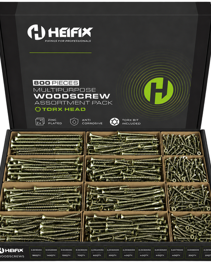800 Piece TORX Wood Screw Assortment Set (Eco Storage Box) - Free Torx Bits - Heifix