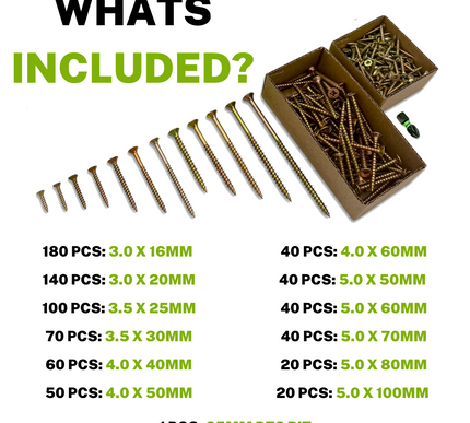 List of 12 sizes of wood screws and one PZ2 bit included in an 800-piece assortment set