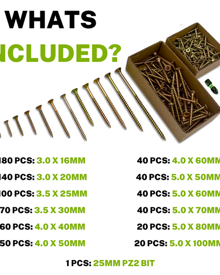 List of 12 sizes of wood screws and one PZ2 bit included in an 800-piece assortment set