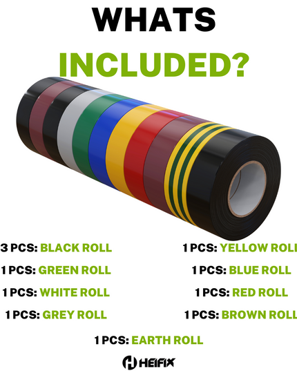Colorful rolls of tape with a list of included colors and Hefix branding.